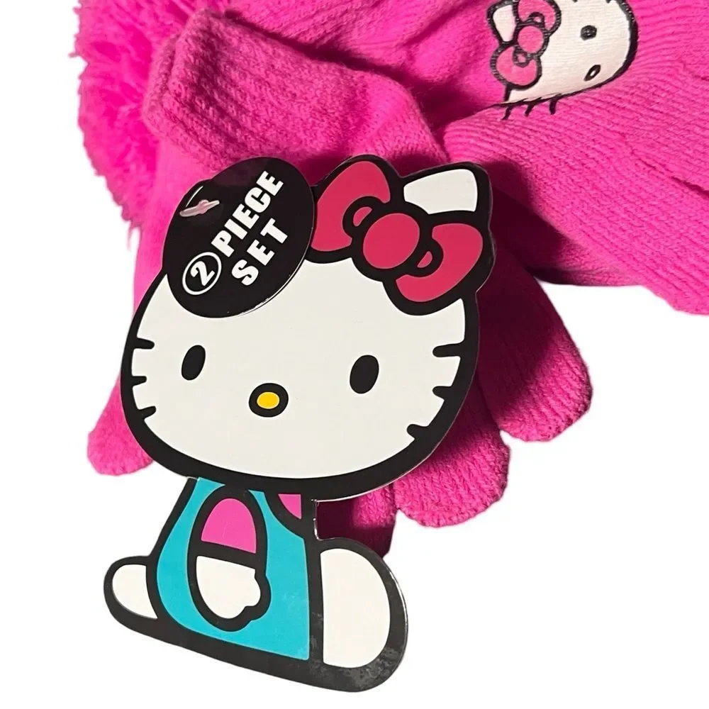 NWT Hello Kitty Pink Pom Pom Winter Hat Matching Mittens Set